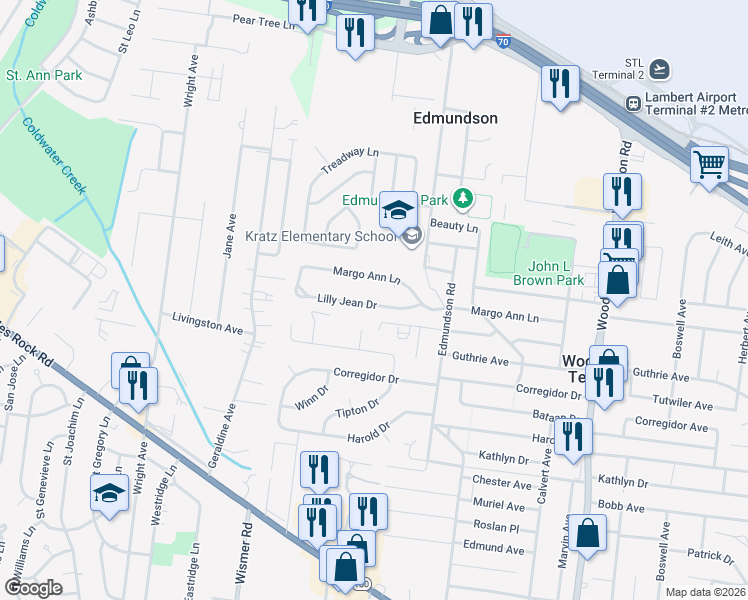map of restaurants, bars, coffee shops, grocery stores, and more near 9669 Lilly Jean Drive in St. Louis