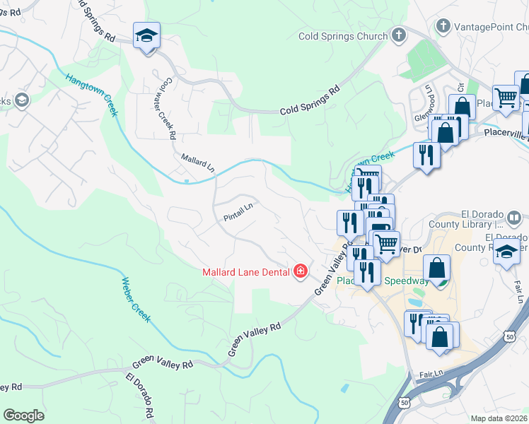 map of restaurants, bars, coffee shops, grocery stores, and more near 2374 Green Wing Lane in Placerville