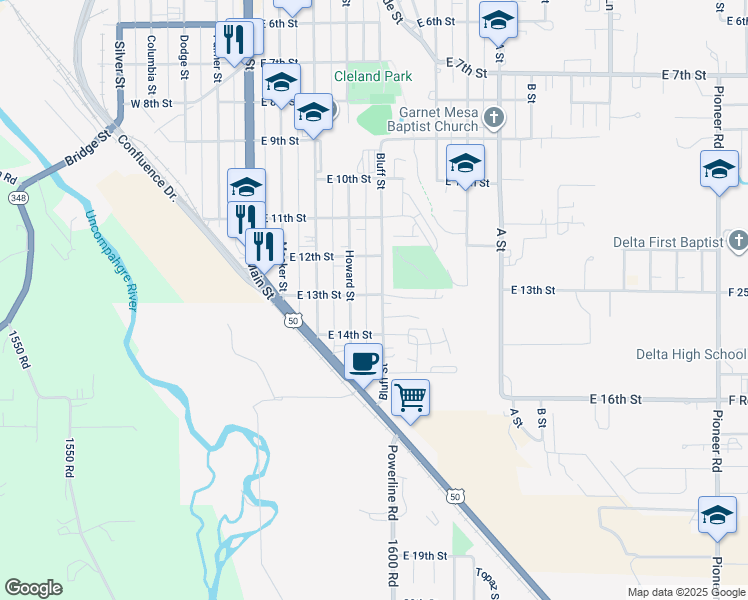 map of restaurants, bars, coffee shops, grocery stores, and more near 1306 Howard Street in Delta