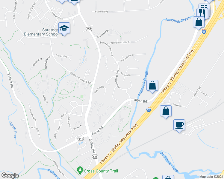 map of restaurants, bars, coffee shops, grocery stores, and more near 8402 Chillum Court in Springfield