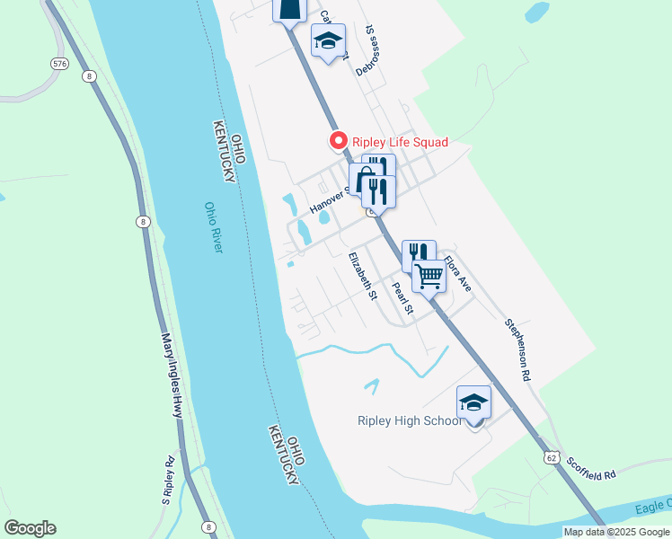 map of restaurants, bars, coffee shops, grocery stores, and more near 1017 Elm Street in Ripley