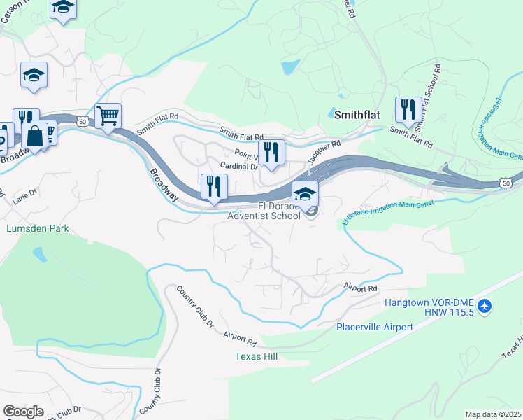 map of restaurants, bars, coffee shops, grocery stores, and more near 1850 Broadway in Placerville