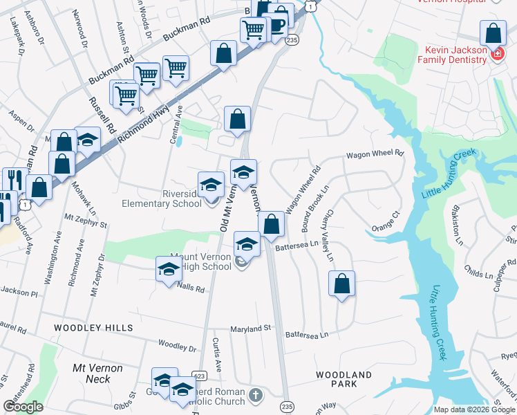 map of restaurants, bars, coffee shops, grocery stores, and more near 8405 Mount Vernon Highway in Alexandria