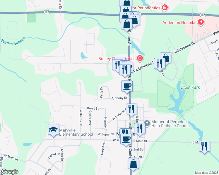 map of restaurants, bars, coffee shops, grocery stores, and more near 724 Patty Drive in Maryville