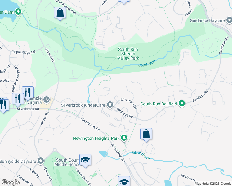 map of restaurants, bars, coffee shops, grocery stores, and more near 8643 Kenosha Court in Lorton