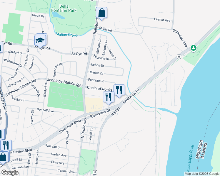 map of restaurants, bars, coffee shops, grocery stores, and more near 829 Chain of Rocks Drive in St. Louis