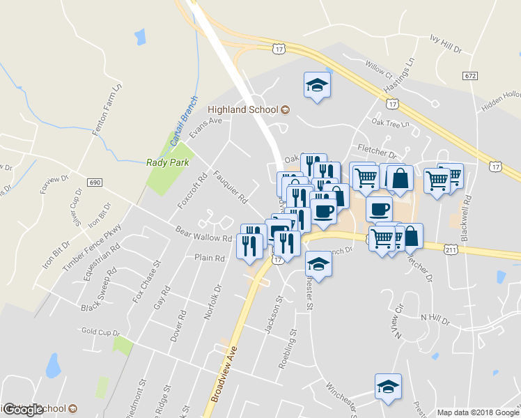 map of restaurants, bars, coffee shops, grocery stores, and more near 485 Fauquier Road in Warrenton