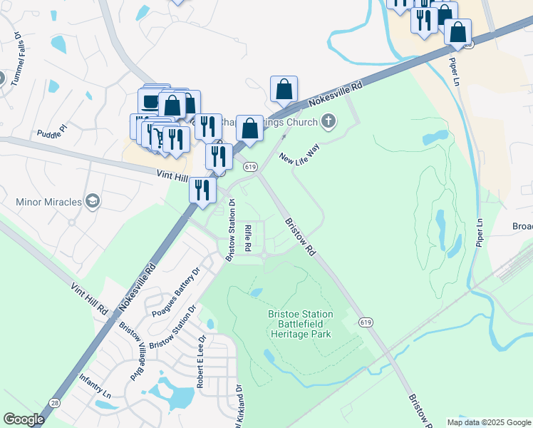 map of restaurants, bars, coffee shops, grocery stores, and more near 11688 Camp Jones Court in Bristow