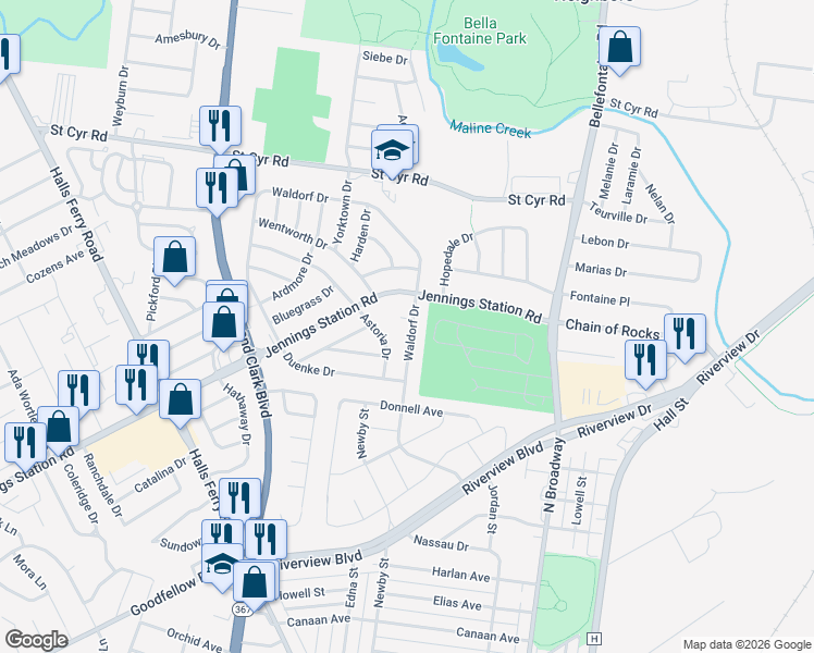 map of restaurants, bars, coffee shops, grocery stores, and more near 9259 Waldorf Drive in St. Louis