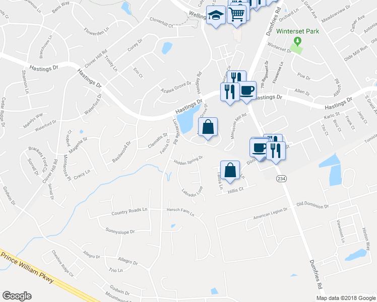 map of restaurants, bars, coffee shops, grocery stores, and more near 9376 Hidden Spring Drive in Manassas
