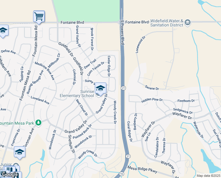 map of restaurants, bars, coffee shops, grocery stores, and more near 7080 Sugar Creek Circle in Colorado Springs