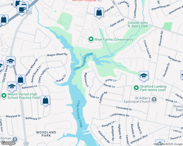 map of restaurants, bars, coffee shops, grocery stores, and more near 8403 Blakiston Lane in Alexandria