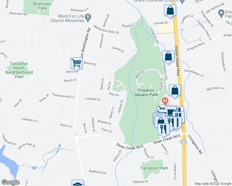 map of restaurants, bars, coffee shops, grocery stores, and more near 404 Dias Drive in Fort Washington