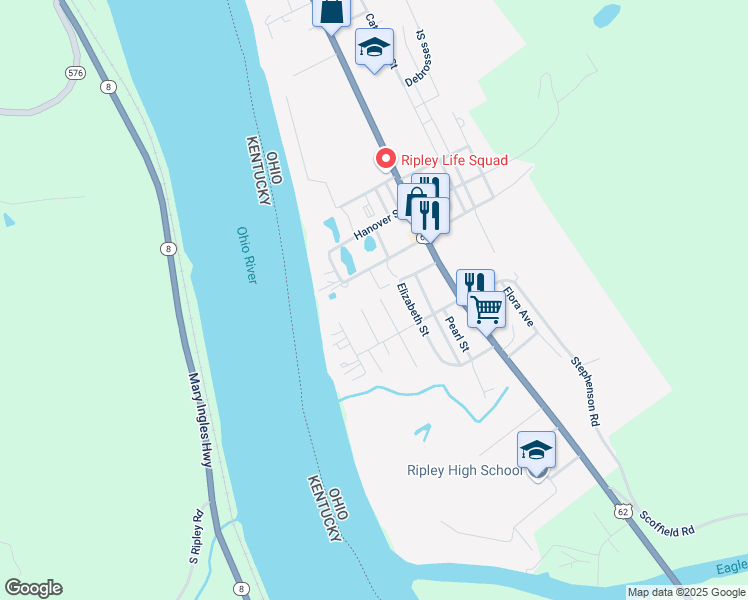 map of restaurants, bars, coffee shops, grocery stores, and more near 1017 Elm St in Ripley