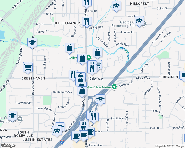 map of restaurants, bars, coffee shops, grocery stores, and more near in Roseville