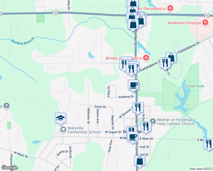 map of restaurants, bars, coffee shops, grocery stores, and more near 810 Patty Drive in Maryville