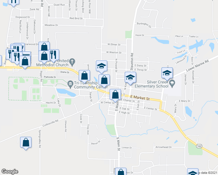 map of restaurants, bars, coffee shops, grocery stores, and more near 120 West Clay Street in Troy