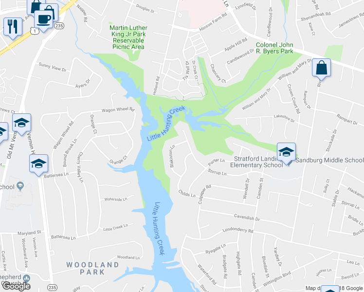 map of restaurants, bars, coffee shops, grocery stores, and more near 8403 Blakiston Lane in Alexandria