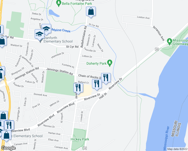 map of restaurants, bars, coffee shops, grocery stores, and more near 829 Chain of Rocks Drive in St. Louis