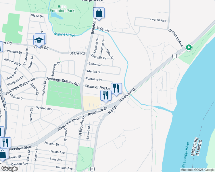 map of restaurants, bars, coffee shops, grocery stores, and more near 807 Fontaine Place in St. Louis