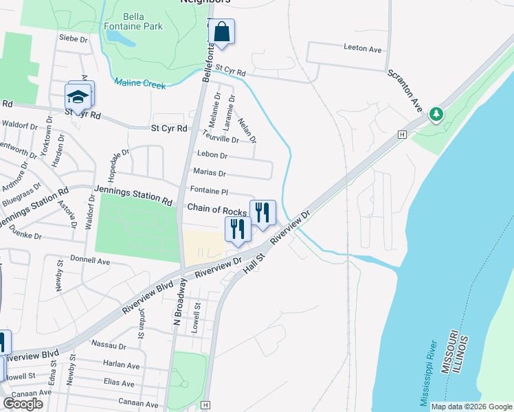 map of restaurants, bars, coffee shops, grocery stores, and more near 807 Fontaine Place in St. Louis