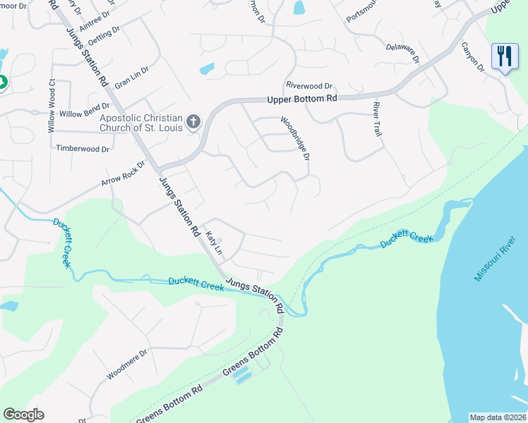 map of restaurants, bars, coffee shops, grocery stores, and more near 50 Whittington Court in Saint Charles