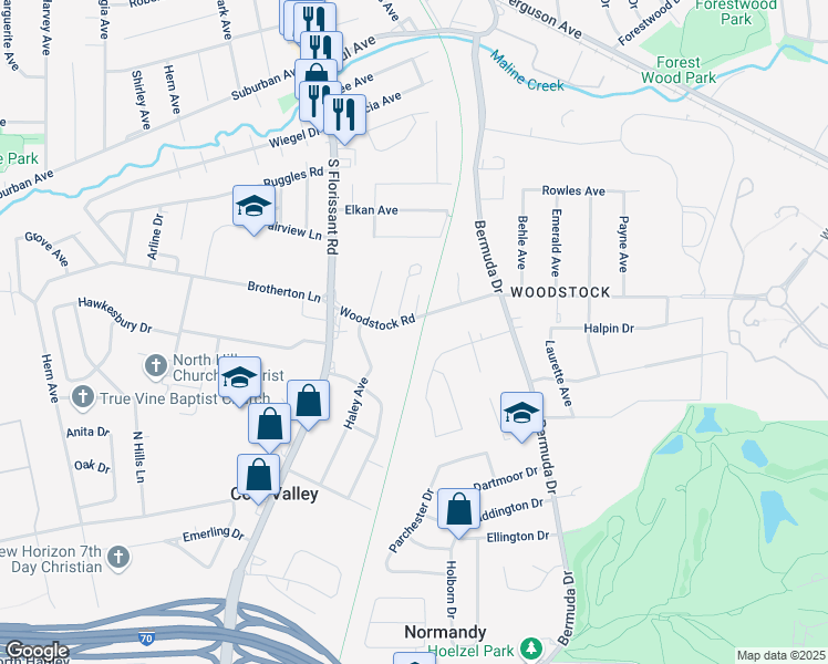 map of restaurants, bars, coffee shops, grocery stores, and more near 120 Woodstock Road in Ferguson