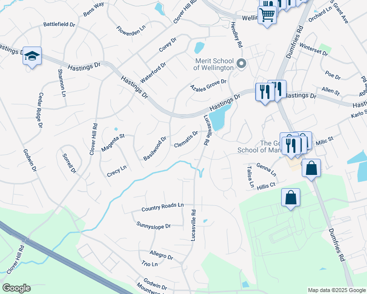 map of restaurants, bars, coffee shops, grocery stores, and more near 9537 Clematis Street in Manassas