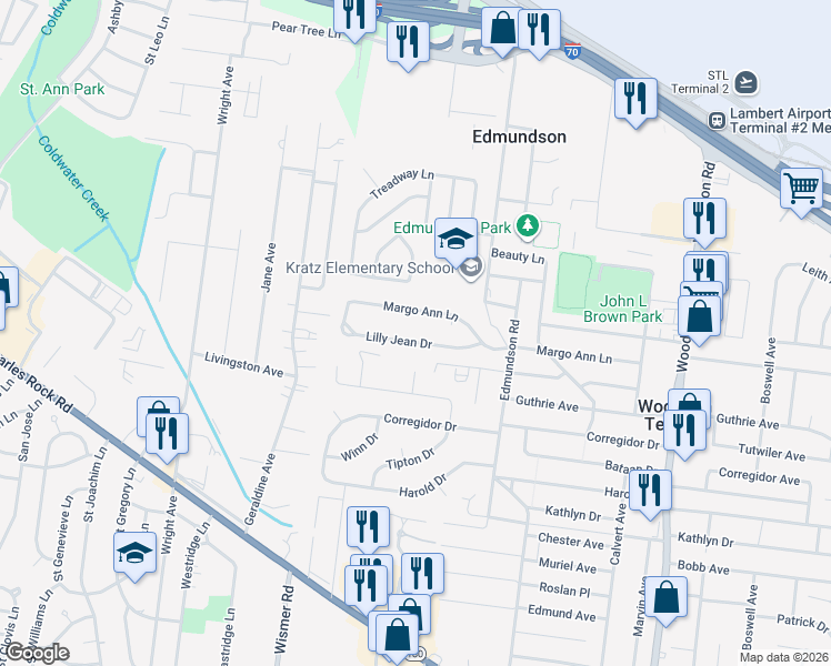 map of restaurants, bars, coffee shops, grocery stores, and more near 9669 Lilly Jean Drive in St. Louis