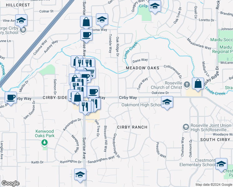 map of restaurants, bars, coffee shops, grocery stores, and more near 1116 Oak Ridge Drive in Roseville