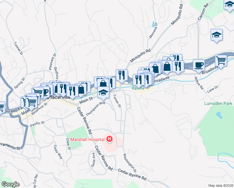 map of restaurants, bars, coffee shops, grocery stores, and more near 712 Main Street in Placerville