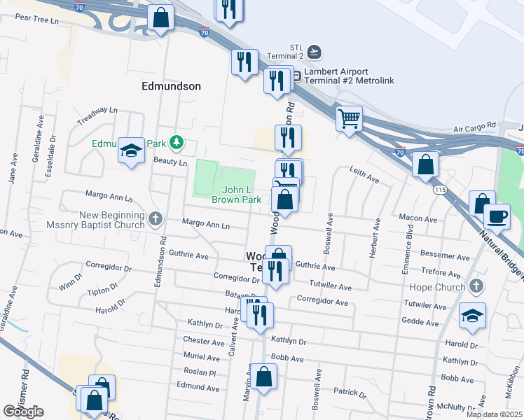 map of restaurants, bars, coffee shops, grocery stores, and more near 9413 Stansberry Avenue in St. Louis