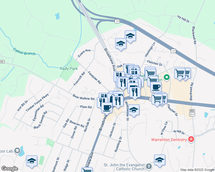 map of restaurants, bars, coffee shops, grocery stores, and more near 485 Fauquier Road in Warrenton