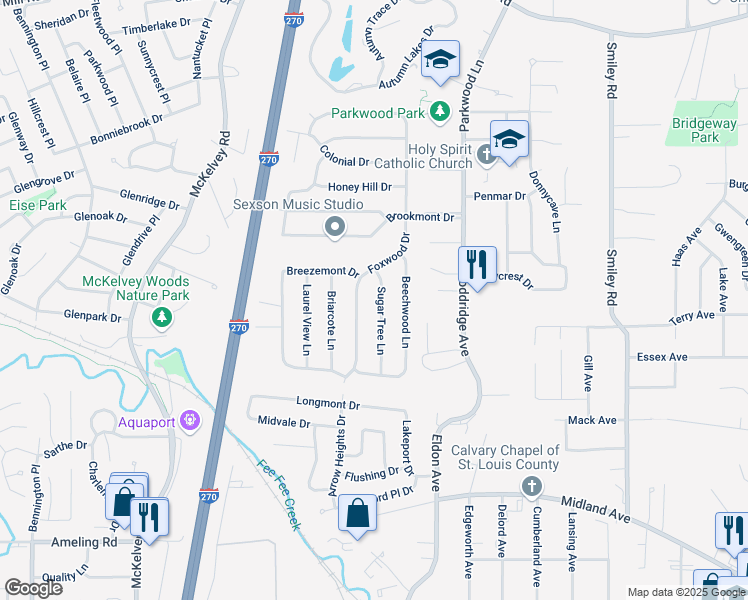 map of restaurants, bars, coffee shops, grocery stores, and more near 2861 Sugar Tree Lane in Maryland Heights