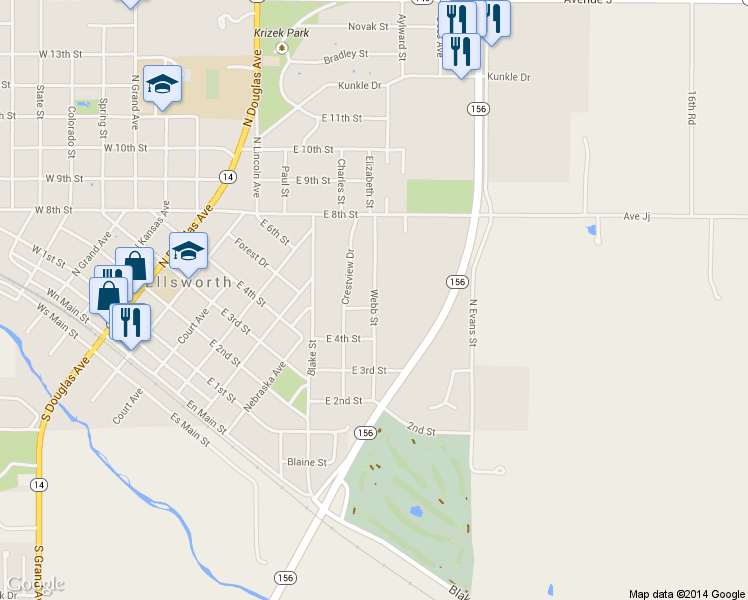 map of restaurants, bars, coffee shops, grocery stores, and more near 602 Webb Street in Ellsworth