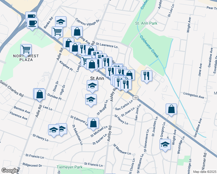 map of restaurants, bars, coffee shops, grocery stores, and more near 3737 Ashby Road in St. Ann