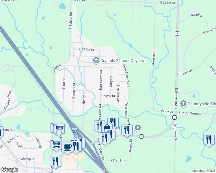 map of restaurants, bars, coffee shops, grocery stores, and more near 925 Gregory in Peculiar