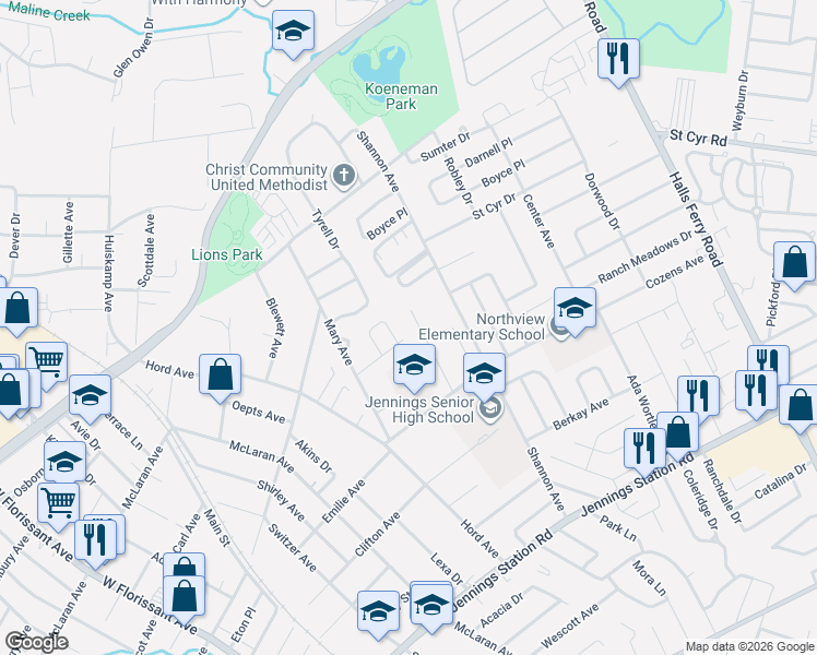 map of restaurants, bars, coffee shops, grocery stores, and more near 21 Jendale Court in Jennings