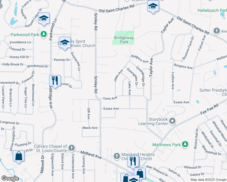 map of restaurants, bars, coffee shops, grocery stores, and more near 3219 Haas Avenue in Bridgeton