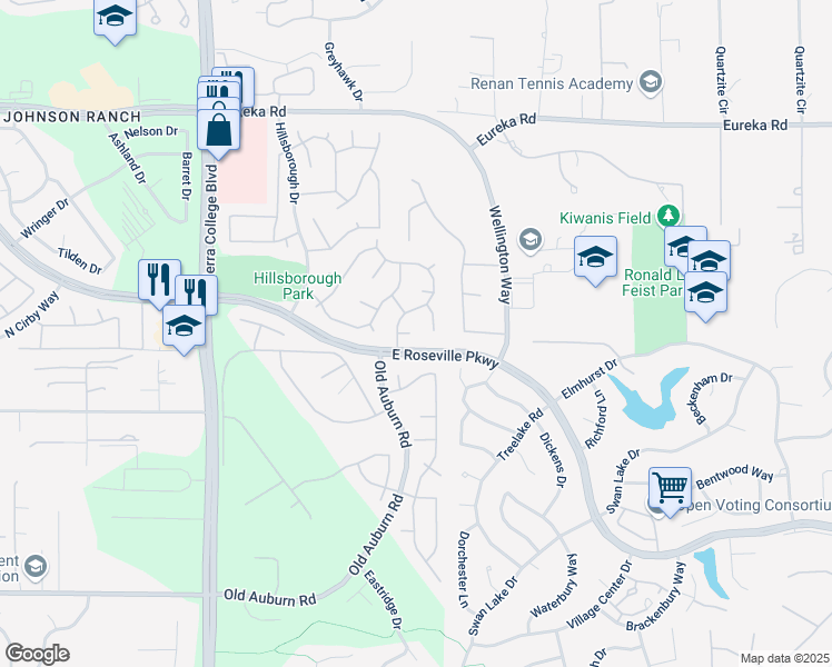 map of restaurants, bars, coffee shops, grocery stores, and more near 220 Prescott Court in Roseville