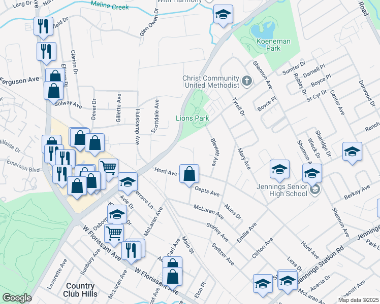 map of restaurants, bars, coffee shops, grocery stores, and more near 2600 Winfred Avenue in Jennings