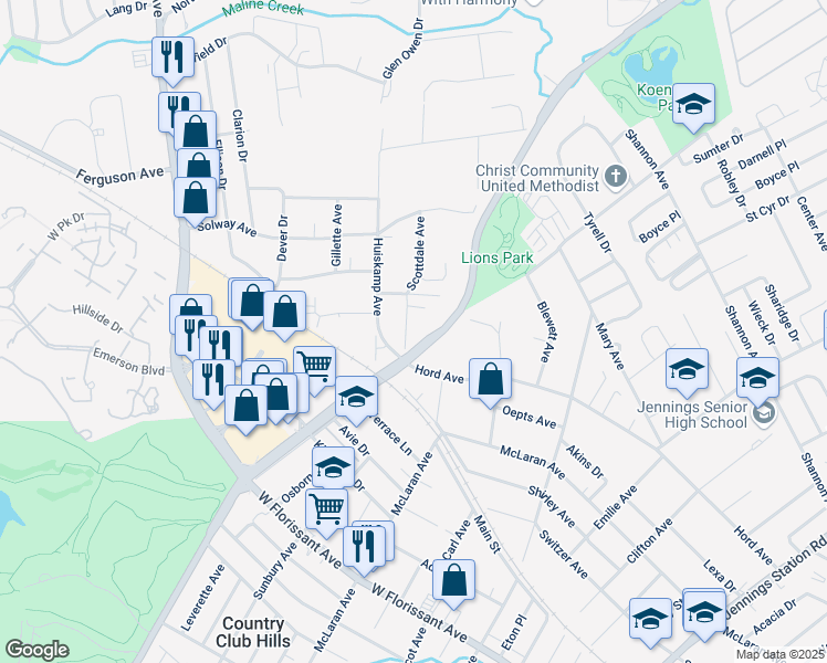 map of restaurants, bars, coffee shops, grocery stores, and more near 8820 Scottdale Avenue in Jennings
