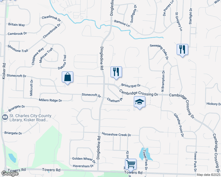 map of restaurants, bars, coffee shops, grocery stores, and more near 4164 Burgess Hill Drive in Saint Charles
