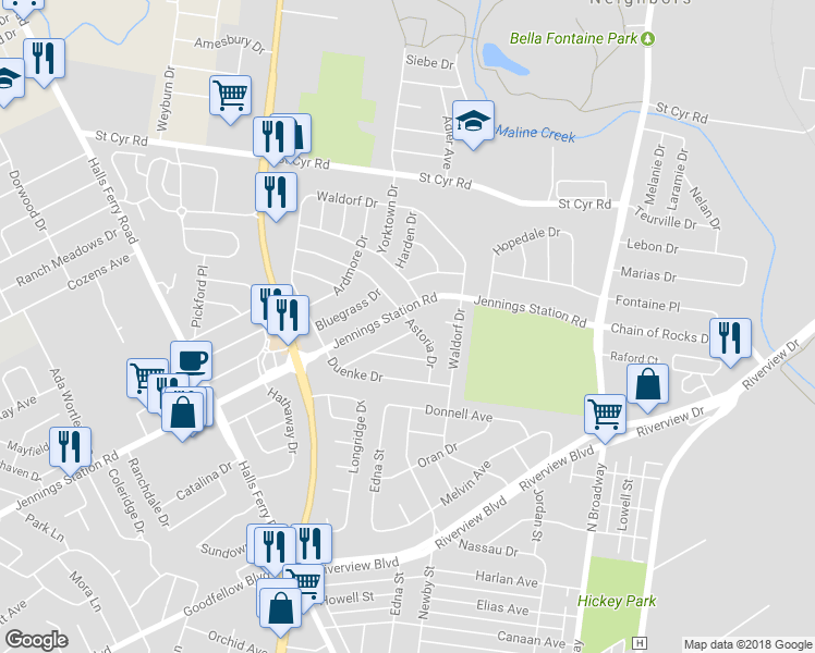 map of restaurants, bars, coffee shops, grocery stores, and more near 1201 Edgewater Drive in St. Louis
