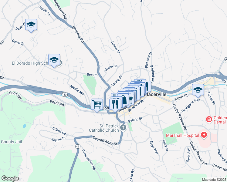 map of restaurants, bars, coffee shops, grocery stores, and more near 2955 Coloma Street in Placerville