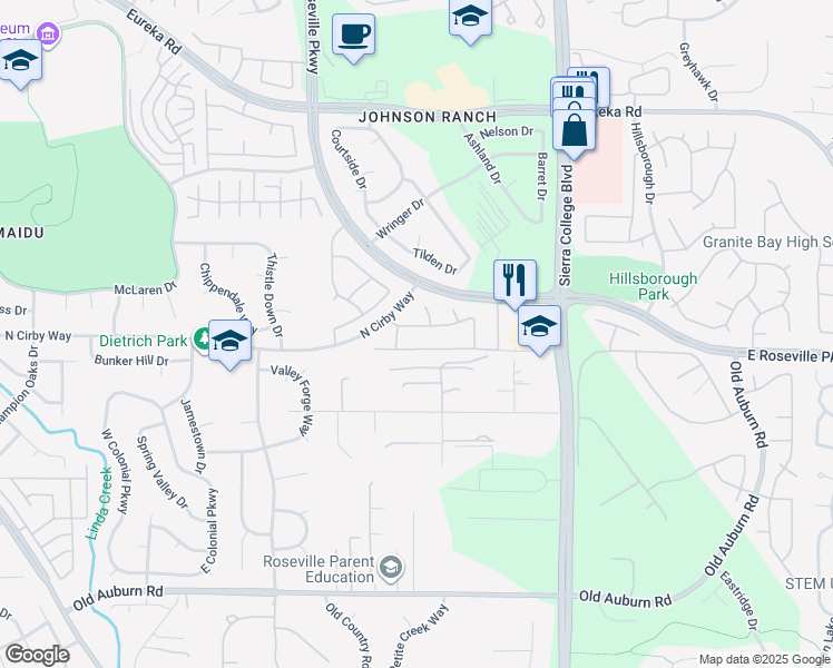 map of restaurants, bars, coffee shops, grocery stores, and more near 3342 Eaton Circle in Roseville