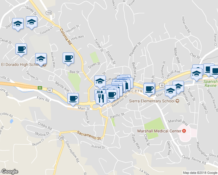 map of restaurants, bars, coffee shops, grocery stores, and more near 863 Conrad Court in Placerville