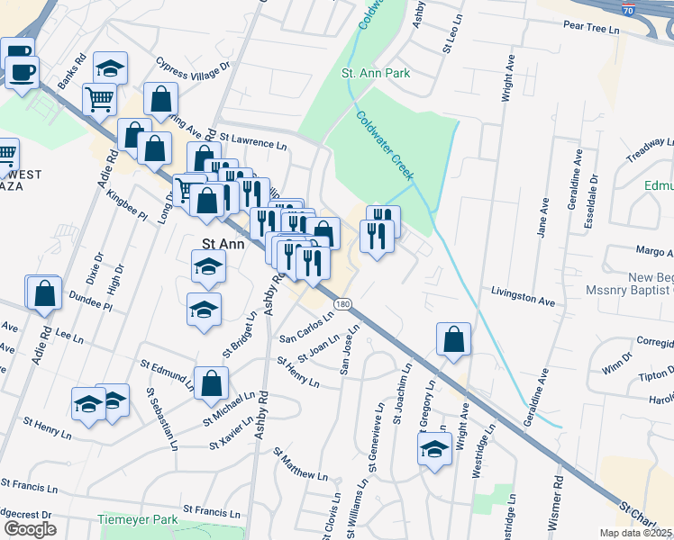 map of restaurants, bars, coffee shops, grocery stores, and more near 10449 Saint Charles Rock Road in St. Ann