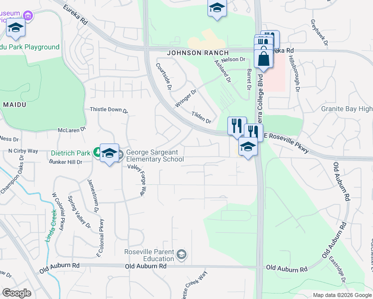 map of restaurants, bars, coffee shops, grocery stores, and more near 3342 Eaton Circle in Roseville