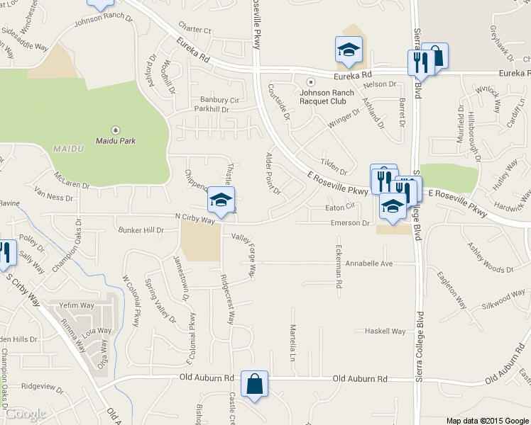 map of restaurants, bars, coffee shops, grocery stores, and more near 2608 Prestwick Drive in Roseville